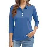Lange Oberteile Damen T-Shirt Elegant 3/4 Arm Shirt V-Ausschnitt Leichte Oberteil Einfarbig Basic Tee Tops Stretch Elegantes Top 02-Blau L