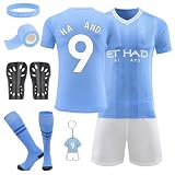 yumcute Fußball Trikot Kinder, Fussball Trikot Nr. 7/ Nr. 9 Fussball Socken Fußball Jersey Schlüsselanhänger und Knieschützer, Outdoor Fußball Jersey für Junge Anzug