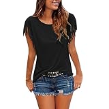 T Shirt Damen Kurzarm mit Fransen - Oberteile Damen Sommer Bluse Slim Fit Western Mode Tunika Top Einfarbig Boho Tshirt Strand Urlaub T-S