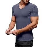 Foweknow T Shirt Herren V-Ausschnitt Slim Fit Sportshirt Kurzarm Bodybuilding Athletic Muskelshirt Atmungsaktiv Quick Dry Outdoorshirt Muskel Fit Trainingsshirt Solide L