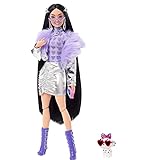 Barbie HHN07 - Extra Puppe (schwarze Haare) mit lila Flausch-Kragen und Stiefeln, enthält Haustier mit Sonnenbrille und 15 Zubehörteile , Spielzeug für Kinder ab 3 J
