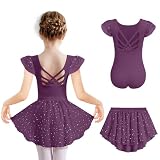 Arshiner Kinder Ballettkleidung Dunkel Lila Ballettkleid Einfarbig Balletttrikot Mädchen Ballett Trikot Kurzarm Ballettanzug Glitzer Tanzkleider Tanztrikot mit Tütü 130/4-5 J