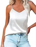 Ekouaer Damen Satin Tank Top Basic Cami Shirt Lässiges V-Ausschnitt Cami Ärmellose Blusen Weiß M