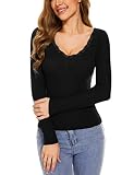 WOWENY Langarmshirt Damen sexy v-Ausschnitt Oberteile mit Spitzen Basic Shirt Langarm Shirts für Damen Slim fit elegant für Alltag,Schwarz,S