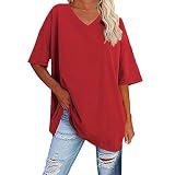 Sommer Halbarm Shirts für Damen Basic T-Shirt mit gestreiften Ärmeln übergroße T-Shirts lose Shirts Rundhalsausschnitt Farbblock Tunika Oberteile Oversized T-Shirt Sommer Kurzarm T-Shirt (2-Red, M)
