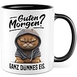 Tasse mit Spruch lustig Katze Morgenmuffel Witz Geschenkidee Kaffeetasse Humor Geschenk für Verschlafen Kaffeebecher Witz Becher (Weiß & Schwarz)