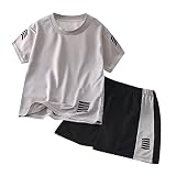 Kinder Jungen schnell trocknendes athletisches Outfit, 2-teiliges Trikot mit Oberteil und Shorts, Basketball-Sportbekleidung, Trainingsanzüge, atmungsaktives Set (Grau, 6-7 Jahre)