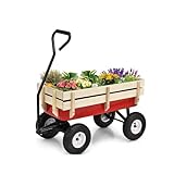 HASWEX Hochleistungs-Gartenwagen aus Stahl, Gartenwagen, 4 lenkbare Räder mit abnehmbarem Holzgeländer und Luftreifen, Mehrzweck-Schubkarre für den G