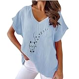Leinenbluse Damen Baumwolle Leinen Tshirt Sommer Leinenshirt Locker Kurzarm Blusen Frauen Longshirt Oversized Tee Shirt Teenager Mädchen Freizeit Longbluse Floral Katze Feder Druck Leinenhemd 09
