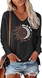 Teesho Damen Tshirt Langarm V Ausschnitt Oberteile Basic Shirts Casual Longshirt Drucken Pullover Herbst Tops Tunika（Schwarz/XL