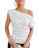 GRACE KARIN Damen Glitter Party Oberteil Elegant Schrägkragen Pailletten Shirt Cocktail Bluse, Farbe: Silber Weiß, Größe: L