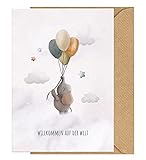 KOKO&LORA® Glückwunschkarte zur Geburt mit Umschlag 'Willkommen auf der Welt' • moderne Grußkarte mit niedlichen Aquarell-Tieren für Mädchen und Jungen & Kraftpapier-Kuvert - Geschenk zur Geb