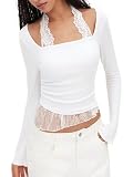 SANSIWU Langärmeliges Oberteil für Damen, quadratischer Ausschnitt, Spitze, Neckholder, bauchfreies Top, zum Ausgehen, Bluse, Basic-Shirt, weiß, S