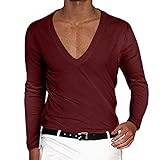 Langärmeliges T-Shirt für Herren, tiefer V-Ausschnitt, V-Ausschnitt, lässig, langärmelig, bequem, schmale Passform, Übergröße, große und große Fitnessstudio-Sommer-Shirts, wein, L