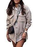 Chevara Damen Casual Futter Hahnentritt Jacke Langarm Oversized Button Down Plaid Shirt Shacket Mantel, aprikose, XL