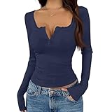 Blusen Damen Langarmshirt Mit Spitze Und Knopfleiste Gerippte Oberteile Tiefer Ausschnitt Figurbetontes Design Stretch Komfort Long Sleeve Shirt Women Marine M
