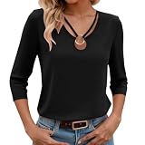Grün Shirt Damen 3/4 Arm Regular-Fit T-Shirt Sommer Rundhals Oberteile Casual Einfarbig Basic Tops Mit Eisenring Design Halbarm Tshirt Leichte Tees Weiss Pullover Herbst Bluse Shirts Schwarz XXL XXXL