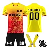 Chinesisches Drachenmotiv Personalisiert Fußball Trikot mit Eigenem Namen/Nummer, Hause/Auswärts Fussball Trikot Shorts Socken Set Trainingsanzug für Herren/
