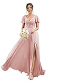 deamify Damen V-Ausschnitt Kurzarm Brautjungfernkleider Lange Falten Chiffon Hoher Schlitz Formal Kleid mit Taschen DI001, rosa - dusty pink, 46