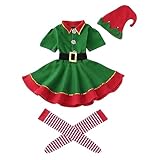MJGkhiy Weihnachtselfe Kostüm Damen Herren Kinder Kostüm Weihnachtsmann Kleid Weihnachten Kostüme Karneval Familie Party Kleid Elfe Überschuhe Elfe Hut Strumpfhose gestreifte Cosplay Party, B