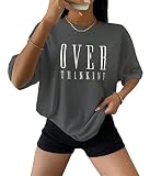 Tomwell Damen Tshirt Kurzarm Sommer Oberteile Oversized T-Shirt mit Buchstaben Druck Lose Rundhals Sport Shirt Teenager Mädchen Top Tunika Lang A Dunkelgrau S