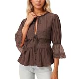 Celanisai Mittelalter Bluse Damen Renaissance Oberteile Damen Mit Spitze Und Schößchen Leichte Tunika Mit Binde-Ausschnitt Und Trompetenärmeln Weich Damenbluse Lockere Passform F