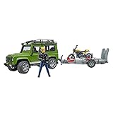 bruder 02589 - Land Rover Defender mit Anhänger, Scrambler Ducati Full Throttle, Fahrer - 1:16 Pick-up Geländewagen Jeep Fahrzeug Motorrad bworld Spielzeug-Fig