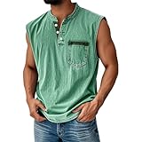 Tank Tops Herren Muskelshirts Knopfleiste V Neck Sport T-Shirt Sommer Ärmellose Unterhemd Atmungsaktiv Muscle Shirt Gym Funktionsshirt Achselshirts Lässig Strand Top mit Tasche(#D Mint Green,L)