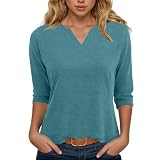Damen-T-Shirt mit 3/4-Ärmeln, einfarbig, V-Ausschnitt, Dreiviertelärm, für den Sommer, Tunika, für Urlaub, Freizeit, Laufen, Streetwear, Tops, blau, Larg