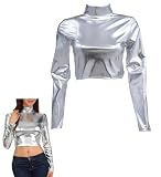 Damen Langarm Oberteile in Metallic Optik, glänzendes Stretch-Langarm Crop Top mit Stehkragen für Clubwear, schmal geschnittene Rollkragen Blusen in Metallic Optik, Party Tanktops, Tanzclub T-S