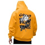 Generisch Oversize Hoodie Herren Good Things Take Time Pullover mit Kapuze Backprint Langarm Sweatshirt Lässig Lose Kapuzepullover Vintage Trend Langarmshirt Streetwear Y2K Ob