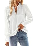 TUUHAW Langarmshirt Damen Herbst Große Größen Longbluse Boho Bluse V-Ausschnitt T Shirt Fließend Elegant Süß Lässig Outfits Top Oberteile Frühling Rüschen Volant Paspel Winter Kleidung Weiß 2XL