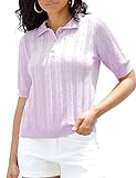 IFUROL Damen V Ausschnitt Poloshirt Kurzarm Kragen Tops Casual Knit Button Polo T-Shirt, Violett,