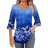 Longshirt Damen Sport Langarm,Blumen Bluse Damen Tunikashirt Große Größen Damen Shirt Mit Print 3/4 Arm Rundhals Lose Casual Oberteil Basic Tops （Blau，3XL）