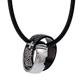 DonDon Kautschuk Halskette mit Zwei Edelstahl Ringen mit Kreuzgravur in einem schwarzen Samtb