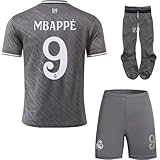 Madrid #9 Mbappe 24/25 Auswärtstrikot für Kinder, Shorts, Socken, Jugendgrößen, Geschenkbox, grau, 140