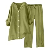 ReSin90s Leinen Zweiteiler Damen Sommer Casual Hosenanzug Elegant 2 Teiler Einfarbig Button Down Langarm Tshirt und Lange Hose Freizeitanzug Leicht Sportanzug Tracksuit Jogginganzug Workout S