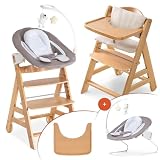 hauck Alpha Move Newborn Set Deluxe - Baby Holz Hochstuhl ab Geburt mit Liegefunktion - inkl. Aufsatz für Neugeborene, Sitzpolster, Essbrett - mitwachsend & verstellbar - Natur Sand Beig