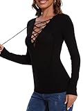 Joyshaper Damen Langärmeliges T-Shirt Tiefer V-Ausschnitt Langärme Unterhemd Sexy Kreuzschnürung Cutout Teeshirt Bequeme Oberteil Schwarz 2XL