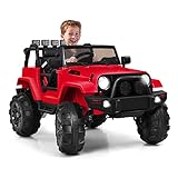 GOPLUS 12V Kinder-Elektroauto, Batteriebetriebener Elektro-Jeep mit 2,4 GHz Fernbedienung, Musik, LED-Scheinwerfer, Langsamer Start, Federaufhängung, Sicherheitsgurt, Doppelmagnettüren (Rot)