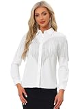 Allegra K Damen Westernbluse mit Fransen, langärmelig, Button-Down, Disco, Cowgirl-Shirts, Weiss/opulenter Garten, X-Groß