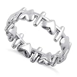 925 Sterling Silver Heart and Cross Pattern Eternity Stacking Women Promise Ring (Sterling Silver, 6)