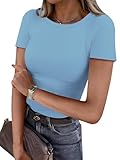 DUOEASE Shirt Slim Fit Oberteile Damen Sommer Rundhals Modisch Vielseitig Shirt Kurzarm (Blaugrau-L)