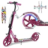 Arebos Cityroller Tretroller Pink höhenverstellbar | klappbar | inkl. Tragegurt | LED Räder | Hand-Tritt-Bremse | Front-Heckfederung | Kinder & Erwachsene | 100kg belastbar | Kickroller | Kick