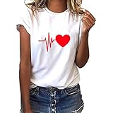 iYmitz Damen Mode Lose Oansatz Spitze Rundausschnitt Art- und Weise Frauen Kurzarm Herz T-Shirts Drucken Tops Bluse S