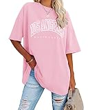 Ebifin Oversize T Shirt Damen Vintage Kurzärmeliges Rundhals Los Angeles Oberteile Tops Casual Lockere Basic Sommer Tee Shirts Bluse.Rosa.XXL