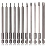 TUAKIMCE 11 Stück Torx lang Schraubendreher Bit Set 1/4' Magnetisch Sternenkopf Schraubenziehe Set T6-T40 100mm Lang Sechskant Schaft Elektrische Torx Bits Satz Werkzeug