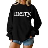 Weihnachtspullover Damen Lustig Weihnachtspulli mit Schriftzug Merry Dünn Weihnachten Langarmshirt Rundhals Christmas Sweatshirt Leicht Langarm W