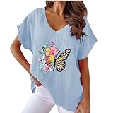 Leinenbluse Damen Baumwolle Leinen Tshirt Sommer Leinenshirt Locker Kurzarm Blusen Frauen Longshirt Oversized Tee Shirt Teenager Mädchen Freizeit Longbluse Floral Katze Feder Druck Leinenhemd 14