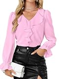 Rooscier Damen Rüschenbluse V-Ausschnitt Volant Langarm Elegant Business Arbeit Bluse Hemd Top, Pink,